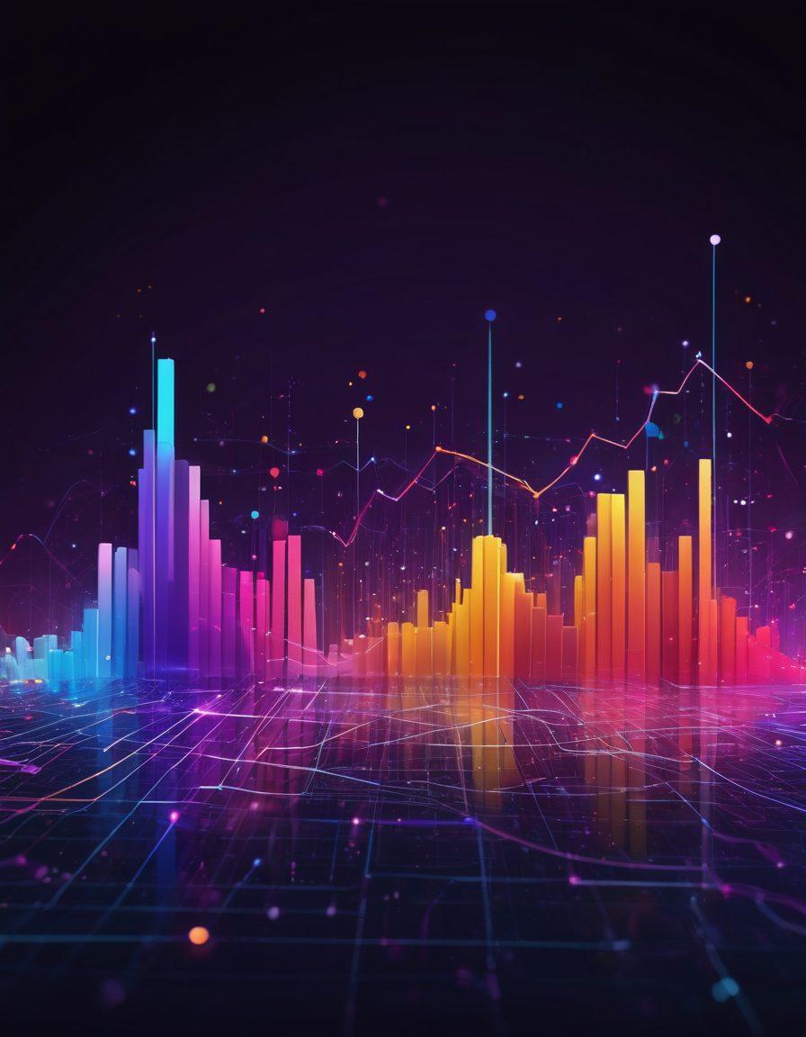 A visually captivating representation of data transformed into vibrant graphs and engaging visuals, showcasing a blend of abstract analytics and human emotion. Include elements like colorful predictive models, joyful users interacting with data on screens, and dynamic lines suggesting growth and engagement. The background should convey a sense of technology and innovation, with glowing data points and futuristic elements. 3D. vibrant colors. abstract art.