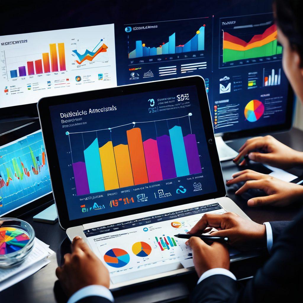 A dynamic and engaging infographic showcasing a diverse group of professionals collaborating around a digital tablet displaying colorful graphs and metrics. Include visual symbols of behavior analysis, like charts and a brain icon, to represent engagement improvement. The background should be a modern office setting with vibrant colors and a sense of teamwork and success. super-realistic. vibrant colors. modern design.